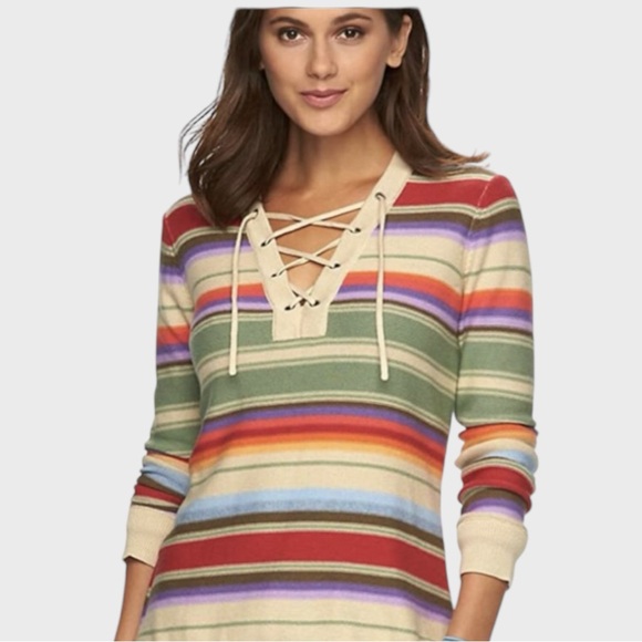 Chaps Women's  Striped Lace Up Multi  Rainbow Sweater Size Small - Picture 1 of 10